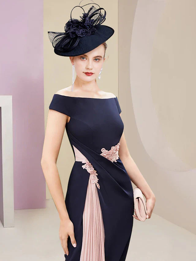 Wholesale Two Piece Mother of the Bride Dress Wedding Guest Elegant Jewel Neck Knee Length Stretch Fabric 3/4 Length Sleeve with Pleats Appliques